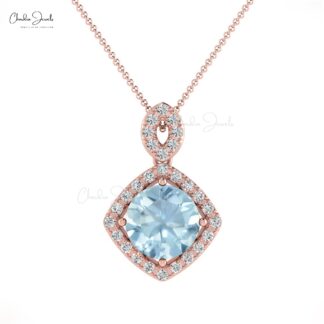 Classic Aquamarine & Diamond Halo Pendant In 14K Solid Gold