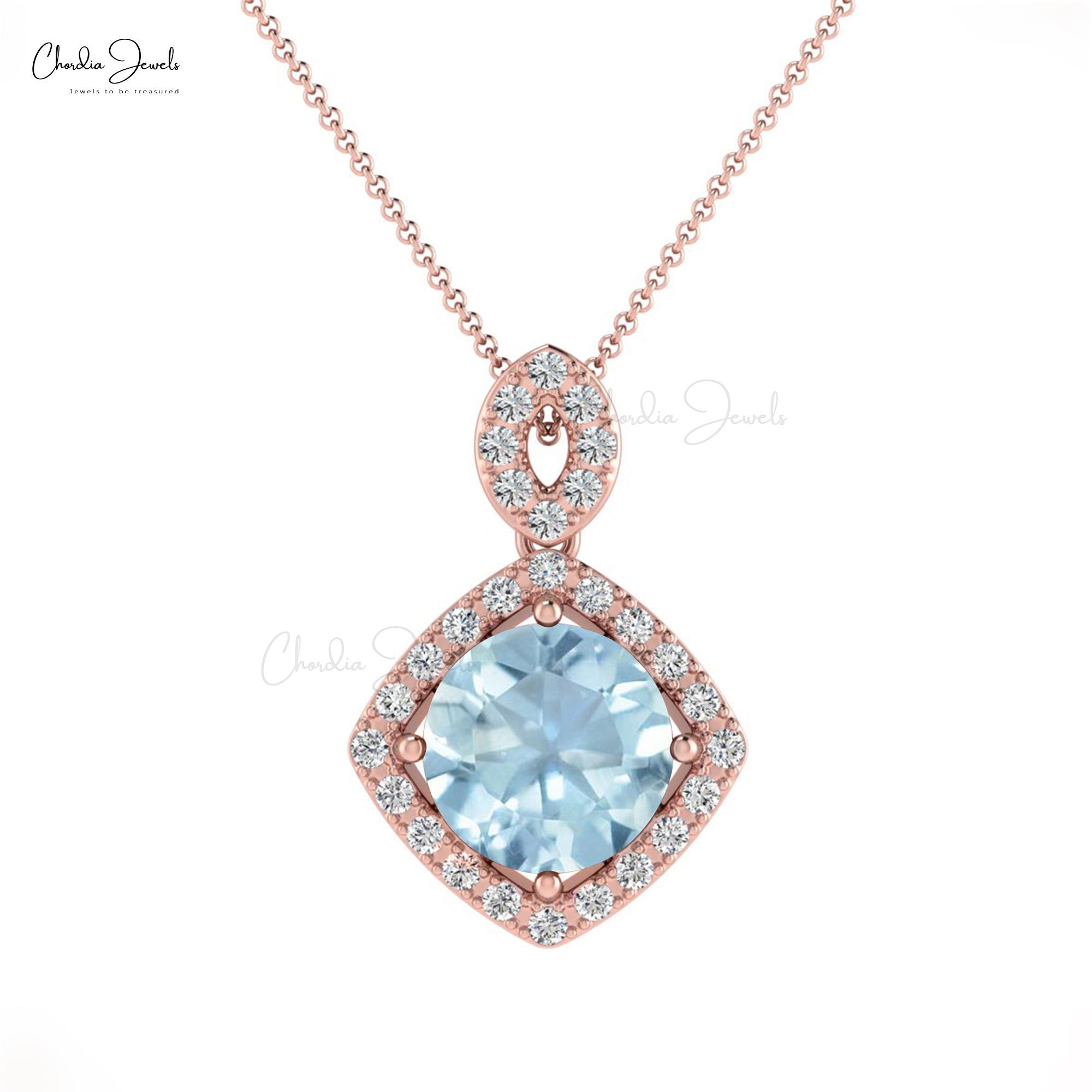 Classic Aquamarine & Diamond Halo Pendant In 14K Solid Gold