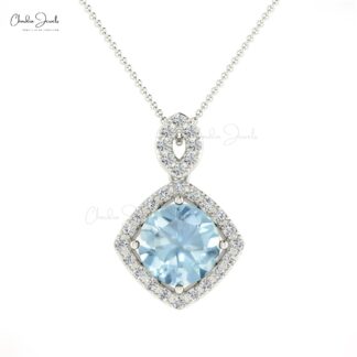 Classic Aquamarine & Diamond Halo Pendant In 14K Solid Gold