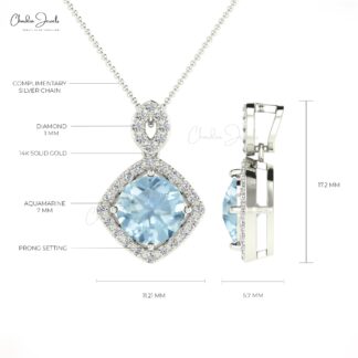 Classic Aquamarine & Diamond Halo Pendant In 14K Solid Gold