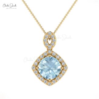 Classic Aquamarine & Diamond Halo Pendant In 14K Solid Gold