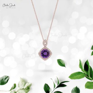 Gemstone Halo Pendant In 14k Solid Gold Amethyst 7mm Round And Diamond Hallmarked Necklace