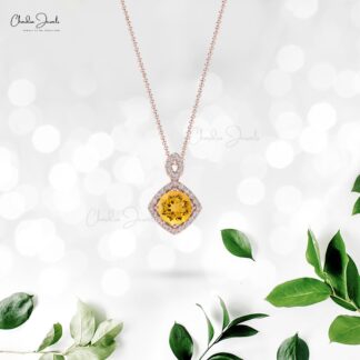 Genuine Citrine Halo Pendant In 14k Solid Gold Diamond Hallmarked Fine Jewelry For Mom