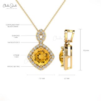Genuine Citrine Halo Pendant In 14k Solid Gold Diamond Hallmarked Fine Jewelry For Mom