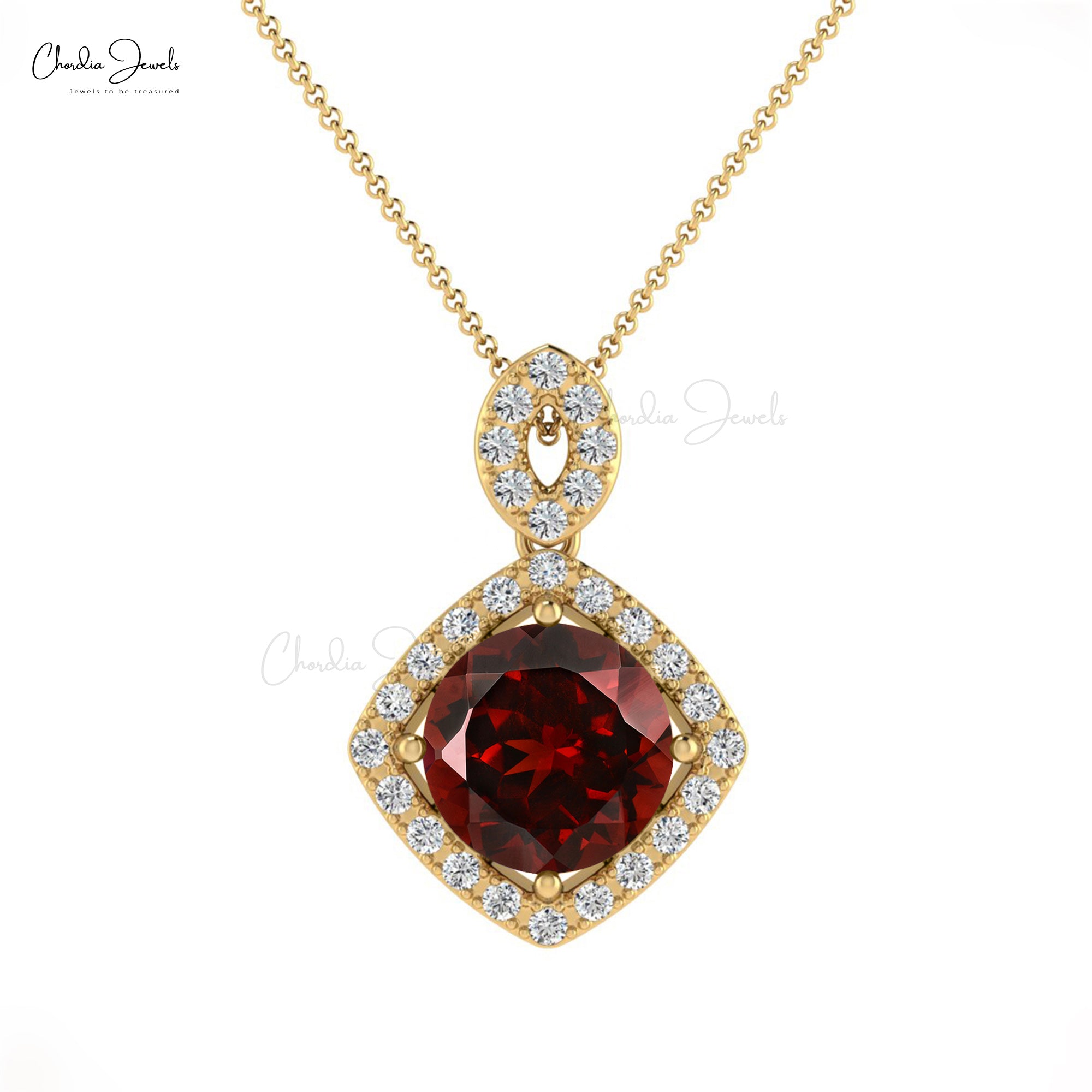 Genuine Garnet & White Diamond Pendant 1.65Ct Round Cut Halo Pendant In 14k Solid Gold Jewelry