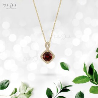 Genuine Garnet & White Diamond Pendant 1.65Ct Round Cut Halo Pendant In 14k Solid Gold Jewelry