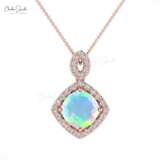 Round Halo Diamond Pendant In 14k Real Gold Fire Opal 7mm Gemstone Handmade Necklace