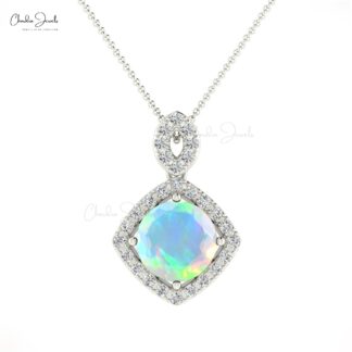 Round Halo Diamond Pendant In 14k Real Gold Fire Opal 7mm Gemstone Handmade Necklace