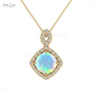 Round Halo Diamond Pendant In 14k Real Gold Fire Opal 7mm Gemstone Handmade Necklace