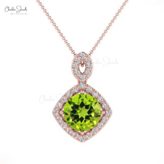 Real 14k Gold Pave Diamond Halo Pendant With 1.4 Ct Peridot August Birthstone Necklace