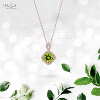 Real 14k Gold Pave Diamond Halo Pendant With 1.4 Ct Peridot August Birthstone Necklace
