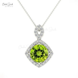 Real 14k Gold Pave Diamond Halo Pendant With 1.4 Ct Peridot August Birthstone Necklace