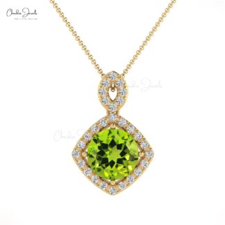 Real 14k Gold Pave Diamond Halo Pendant With 1.4 Ct Peridot August Birthstone Necklace