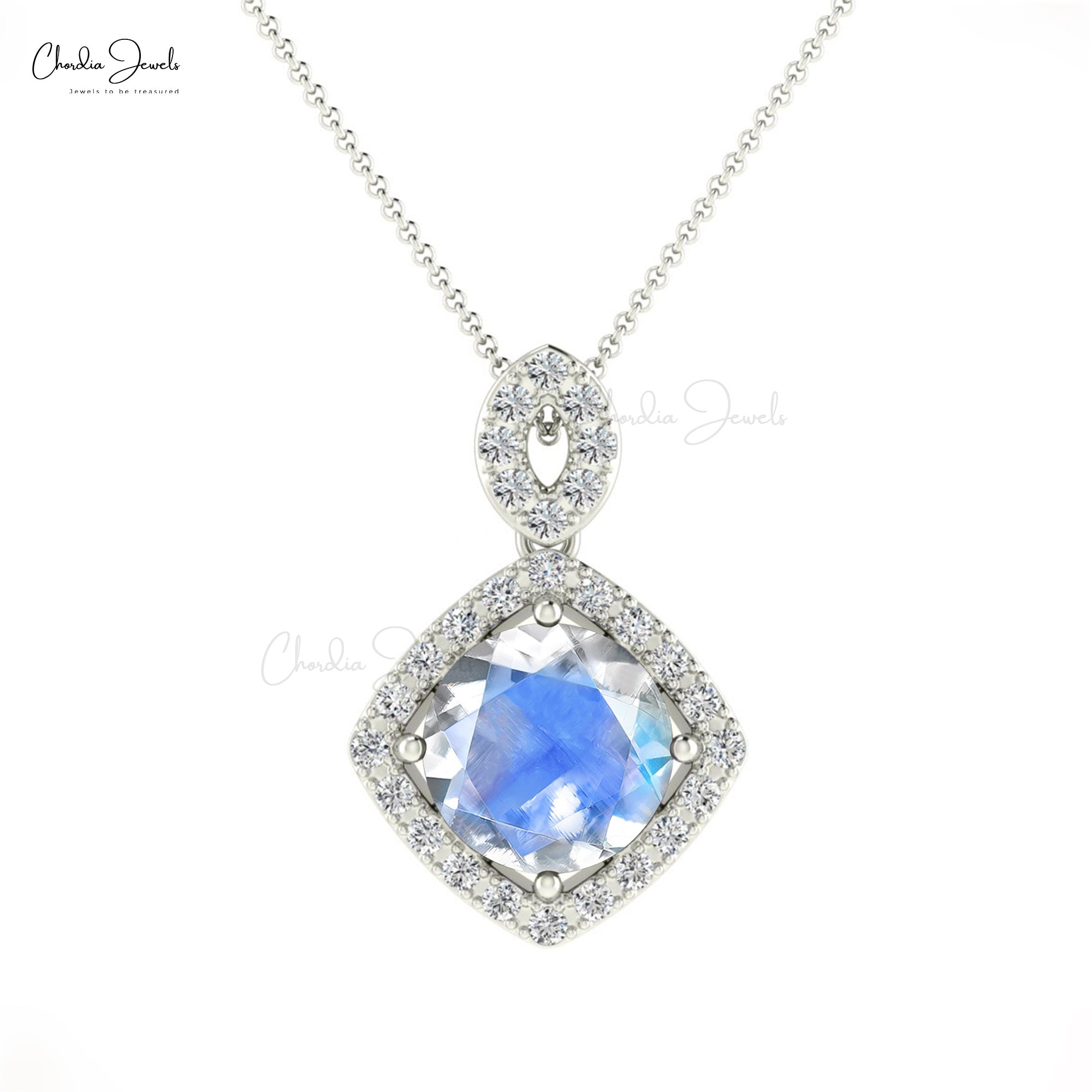 Dangle Halo Diamond Pendant In 14k Real Gold Rainbow Moonstone 7mm Round Cut Necklace