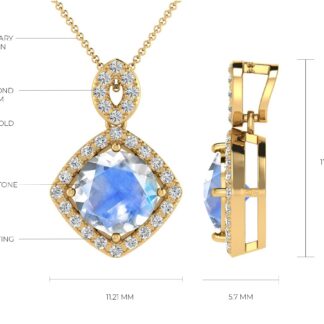 Dangle Halo Diamond Pendant In 14k Real Gold Rainbow Moonstone 7mm Round Cut Necklace