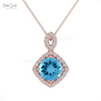 Halo Gemstone Pendant In Solid 14k Gold Swiss Blue Topaz Diamond Dangle Pendant For Her
