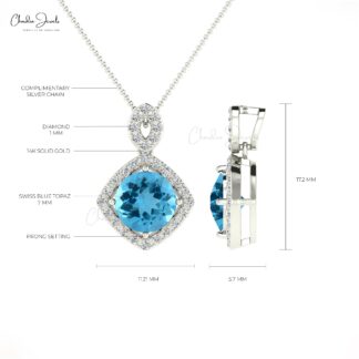 Halo Gemstone Pendant In Solid 14k Gold Swiss Blue Topaz Diamond Dangle Pendant For Her