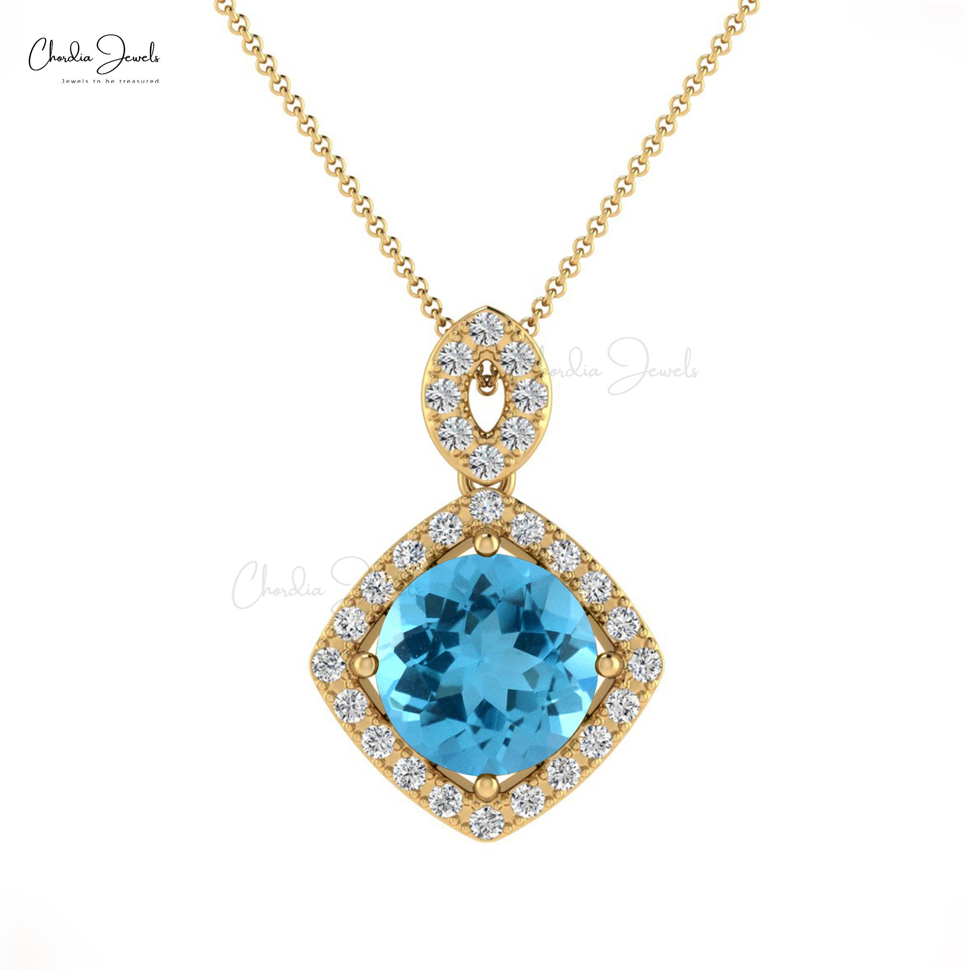 Halo Gemstone Pendant In Solid 14k Gold Swiss Blue Topaz Diamond Dangle Pendant For Her