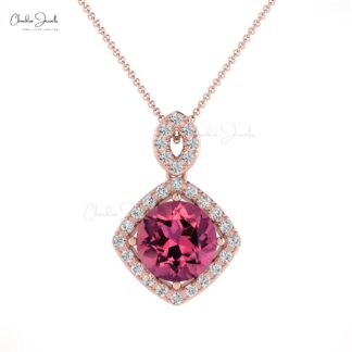 Brilliant Cut Halo Pendant With 7mm Pink Tourmaline And Diamond 14k Real Gold Pendant