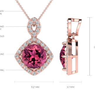 Brilliant Cut Halo Pendant With 7mm Pink Tourmaline And Diamond 14k Real Gold Pendant