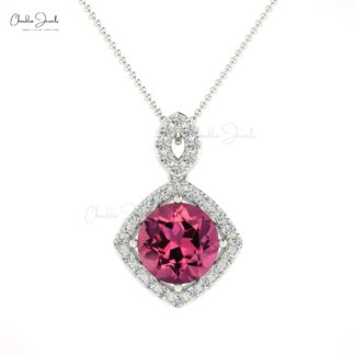 Brilliant Cut Halo Pendant With 7mm Pink Tourmaline And Diamond 14k Real Gold Pendant