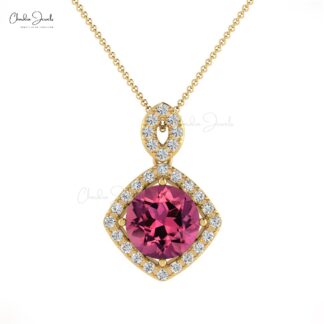 Brilliant Cut Halo Pendant With 7mm Pink Tourmaline And Diamond 14k Real Gold Pendant