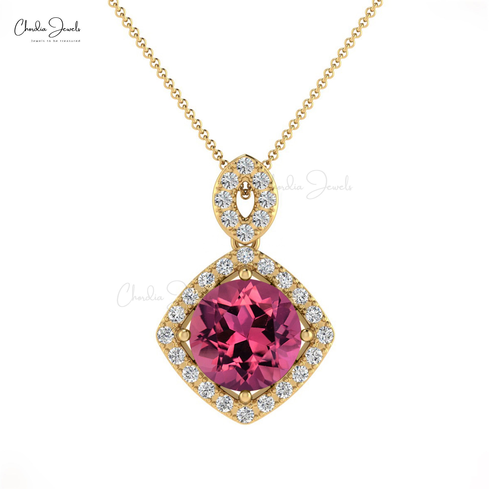 Brilliant Cut Halo Pendant With 7mm Pink Tourmaline And Diamond 14k Real Gold Pendant