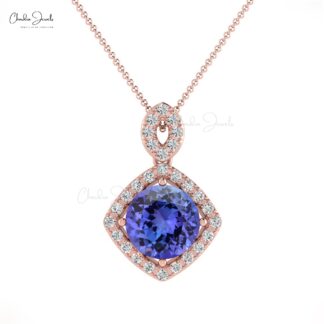Dangle Round Pendant With 1.27 Ct Tanzanite And Diamond Halo Pendant In 14k Real Gold