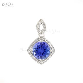 Dual Birthstone Halo Pendant With 7mm Tanzanite And 14k White Gold Diamond Pendant