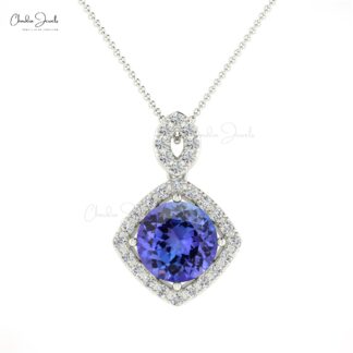 Dangle Round Pendant With 1.27 Ct Tanzanite And Diamond Halo Pendant In 14k Real Gold