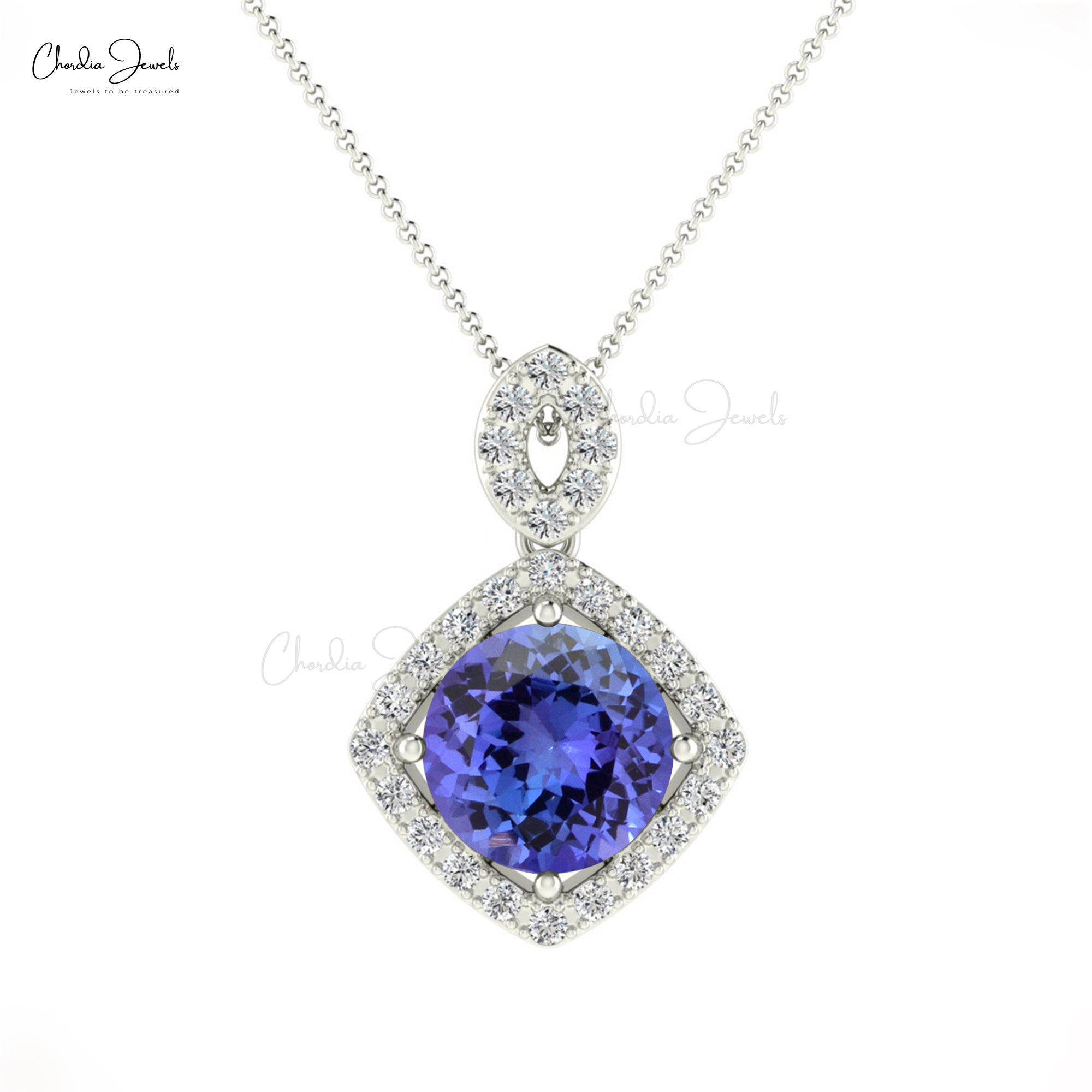 Dangle Round Pendant With 1.27 Ct Tanzanite And Diamond Halo Pendant In 14k Real Gold
