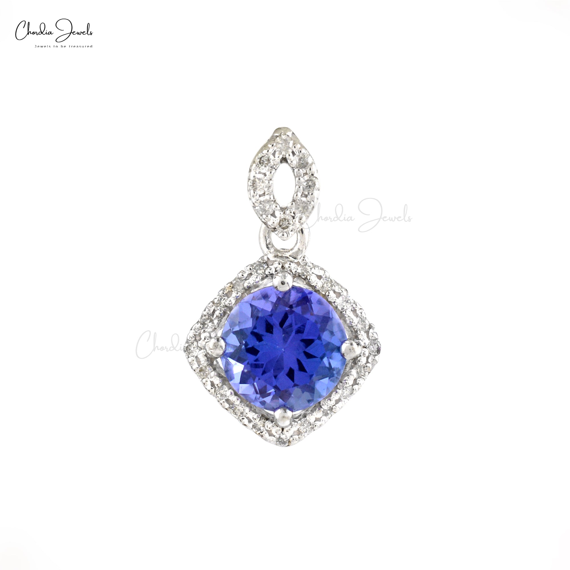Dual Birthstone Halo Pendant With 7mm Tanzanite And 14k White Gold Diamond Pendant