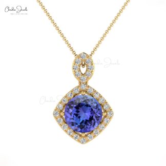 Dangle Round Pendant With 1.27 Ct Tanzanite And Diamond Halo Pendant In 14k Real Gold