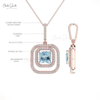 Aquamarine Square White Diamond Double Halo 14k Gold Dangle Pendant