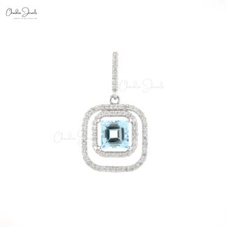 Square Aquamarine Double Halo Pendant In 14k White Gold Gemstone And Diamond Fine Jewelry