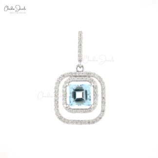 Square Aquamarine Double Halo Pendant In 14k White Gold Gemstone And Diamond Fine Jewelry