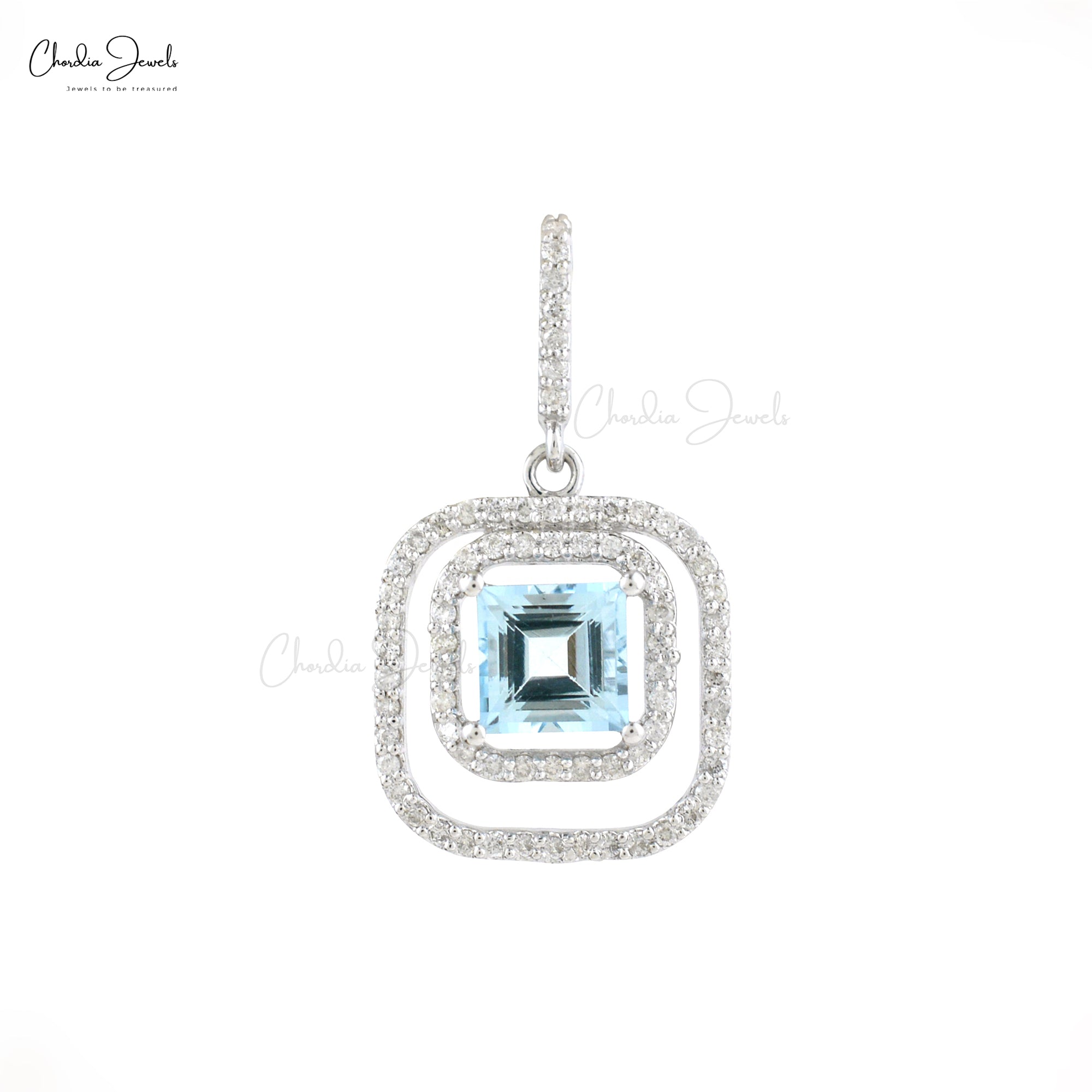 Square Aquamarine Double Halo Pendant In 14k White Gold Gemstone And Diamond Fine Jewelry