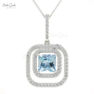 Aquamarine Square White Diamond Double Halo 14k Gold Dangle Pendant