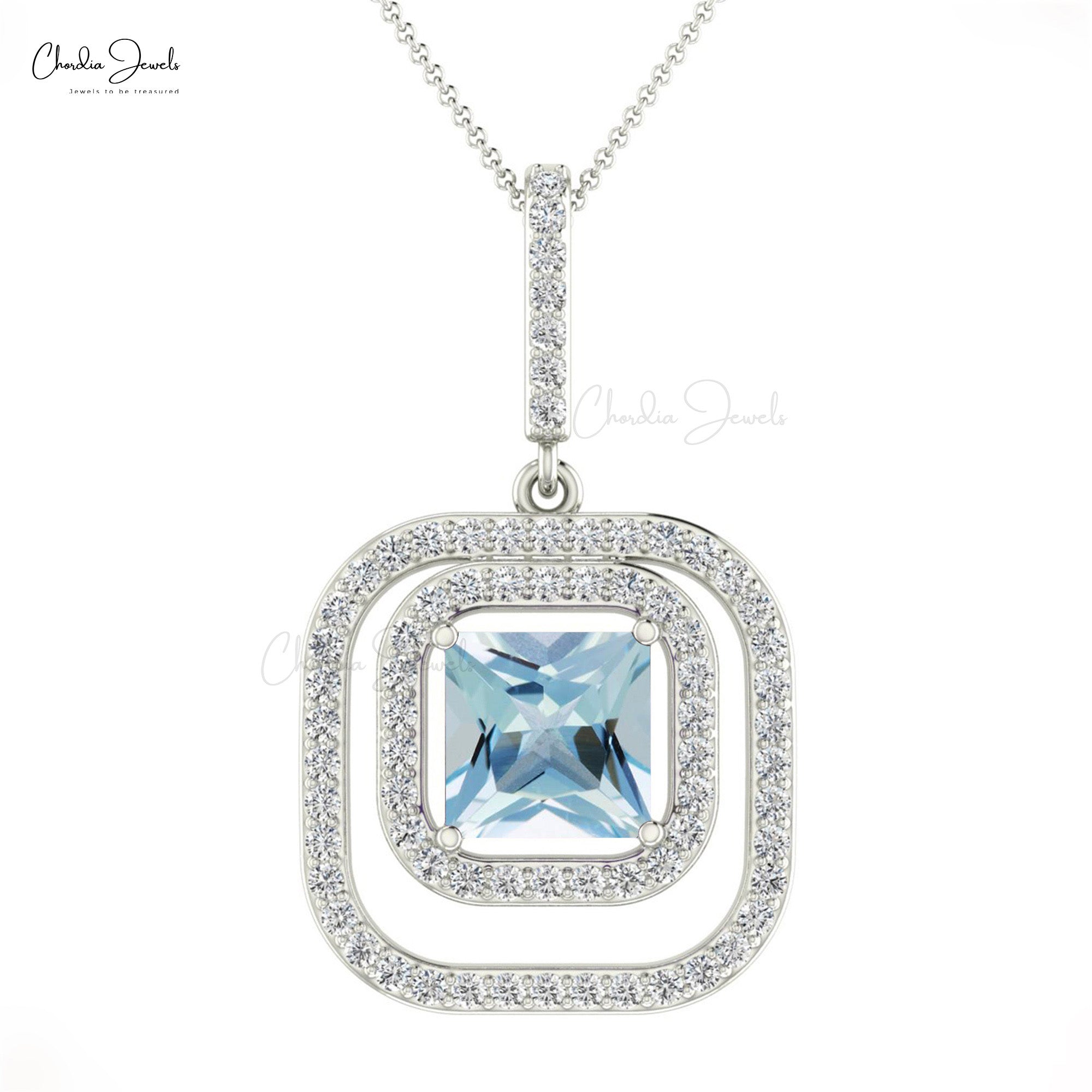 Aquamarine Square White Diamond Double Halo 14k Gold Dangle Pendant