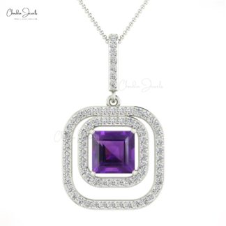 Square Amethyst & Diamond Double Halo Ring In 14k Real Gold