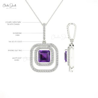 Square Amethyst & Diamond Double Halo Ring In 14k Real Gold