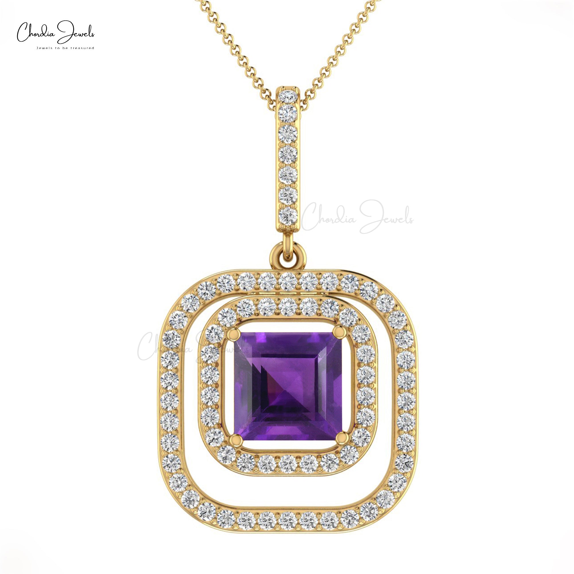 Square Amethyst & Diamond Double Halo Ring In 14k Real Gold