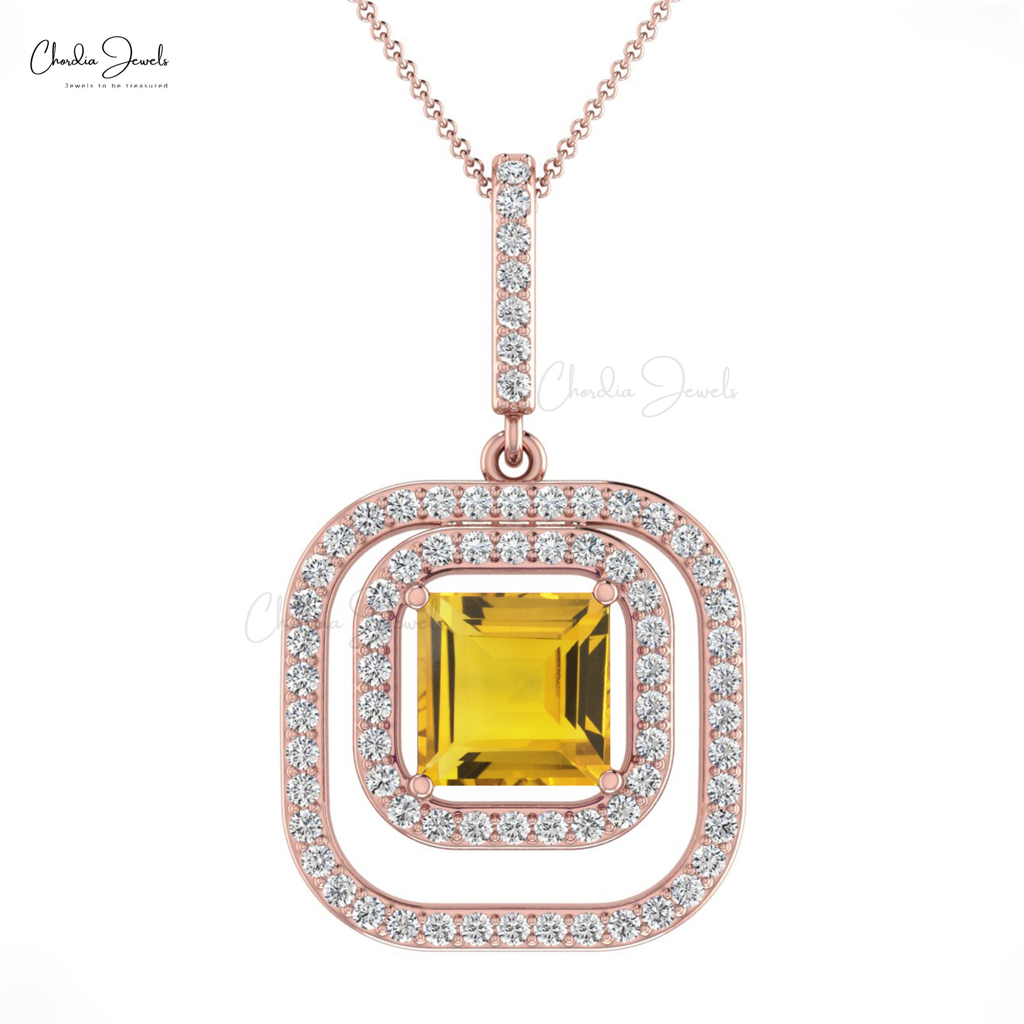 Genuine Citrine With Diamond Double Halo Pendant In 14k Gold