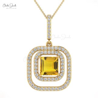 Genuine Citrine With Diamond Double Halo Pendant In 14k Gold