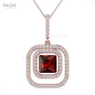 Square Dual Halo Pendant With 6mm Red Garnet And Diamond Accents In 14k Gold Pendant