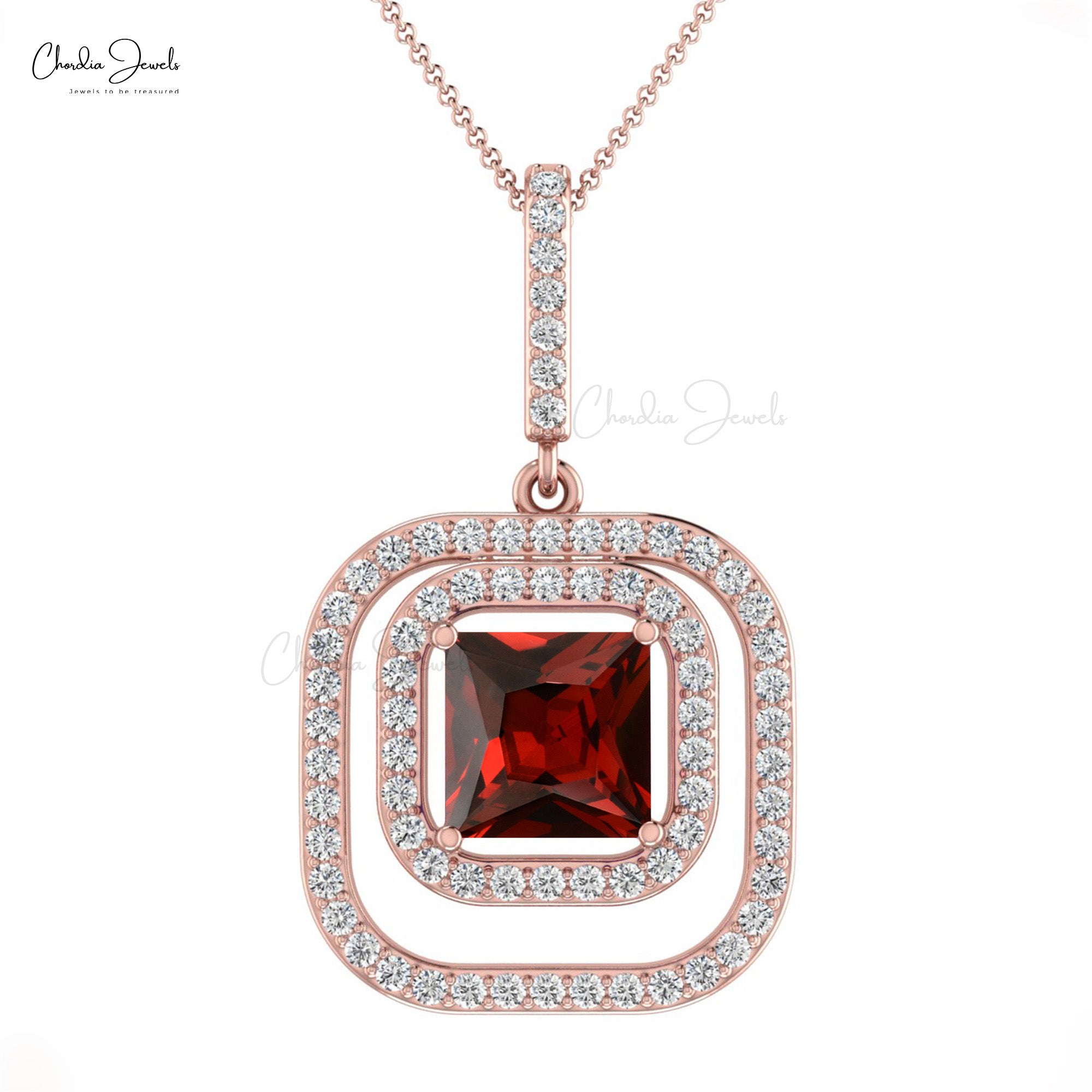 Square Dual Halo Pendant With 6mm Red Garnet And Diamond Accents In 14k Gold Pendant