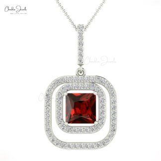 Square Dual Halo Pendant With 6mm Red Garnet And Diamond Accents In 14k Gold Pendant