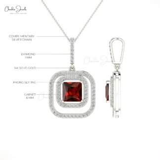 Square Dual Halo Pendant With 6mm Red Garnet And Diamond Accents In 14k Gold Pendant