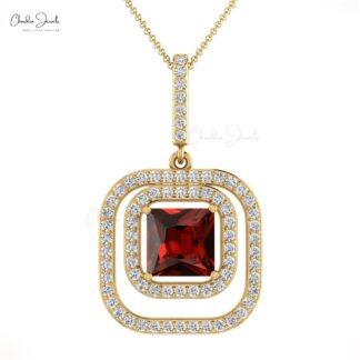 Square Dual Halo Pendant With 6mm Red Garnet And Diamond Accents In 14k Gold Pendant