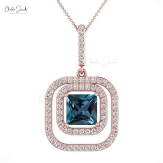 Dual Halo Wedding Pendant In 14k Solid Gold London Blue Topaz And Diamond Necklaces